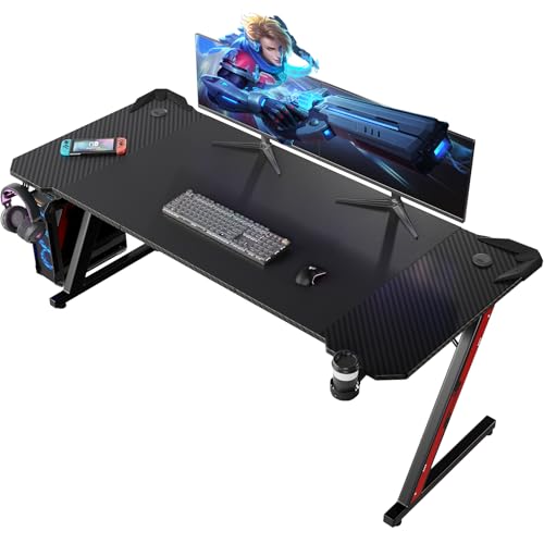 Homall Mesa Gaming 180 x 60 cm, mesa de jogos em forma de Z ergonómica, mesa gamer de fibra de carbono, mesa para computador com porta-copos e gancho para auriculares, preto