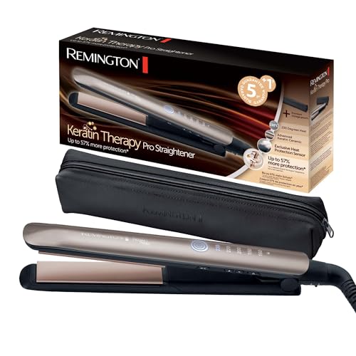 Remington Ferro de cabelo de ecrã digital, 160-230 °C, sensor de proteção contra o calor para reduzir os danos capilares Keratin Therapy revestimento cerâmico com queratina e óleo de amêndoa S8593