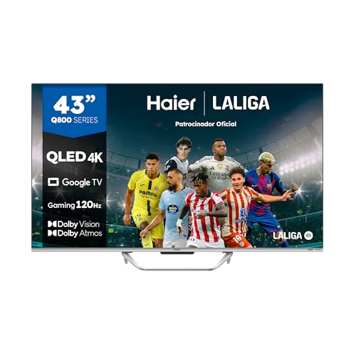 Haier QLED 4K UHD H43Q800UX, 43", Smart TV, Google TV, Dolby Atmos e Dolby Vision, HDR 10, Controlo remoto inteligente, Google Assistant, Bluetooth 5.1, DBX TV, HDMI 2.1 x 4, sem molduras, 202. 4 Anos