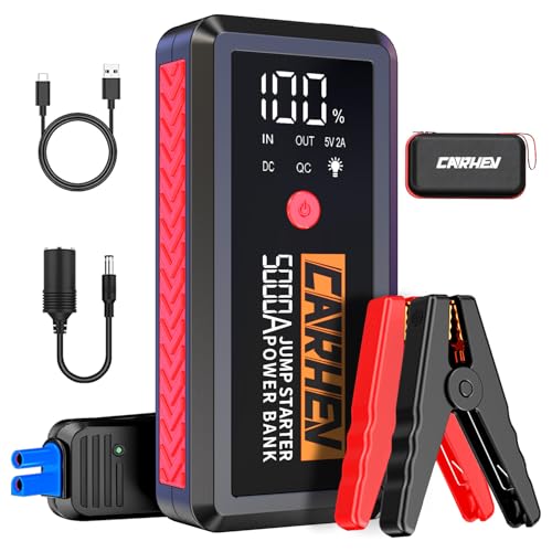 CARHEV Arrancador de carros, 5000 A iniciador de baterias para carros (para 8,0 l de gasolina ou 8,0 l de gasolina) 12 V Booster Jump Starter com ecrã LCD, lanterna LED, clipes de segurança