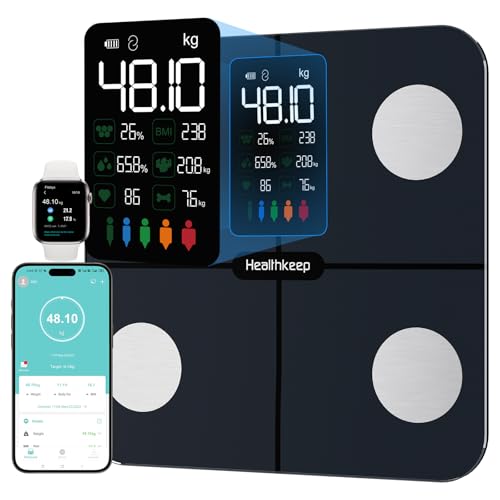 Balança gordura corporal Healthkeep balança de casa de banho, balanças digitais inteligentes com função de frequência cardíaca, 15 dados corporais, ecrã VA extra grande, preto