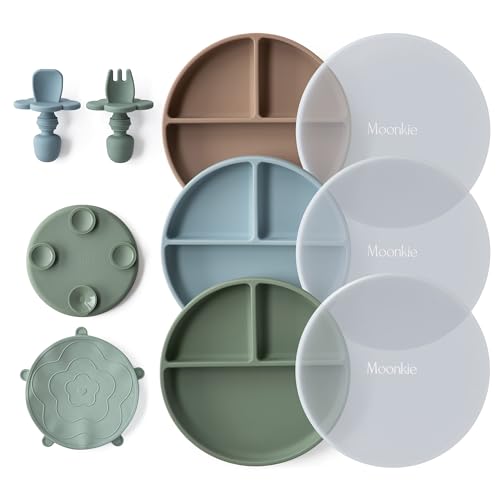 Moonkie Pratos de silicone para bebé, 3 peças anti-enrolamento com garfo e colher, ventosa, adequados para máquinas de lavar louça, frigoríficos e micro-ondas (Taupe quente/azul claro/verde