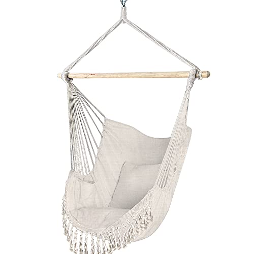 VOUNOT Cadeira suspensa exterior com franjas, cadeira de rede baloiço de algodão com 2 almofadas, barra de separação de madeira, rede portátil para interior e exterior, bege
