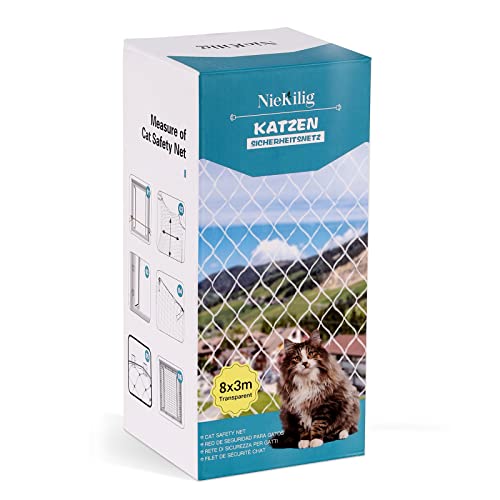 NieKilig 8 x 3 m Rede para gatos, terraço, sem brocas, rede de gatos, segurança transparente para redes de proteção de malha de gatos, para varandas, janelas, clarabóias e portas