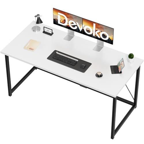 Devoko 140 cm mesa de computador com bolso, mesa de estudo para computador portátil, fácil de montar, com suporte para auriculares, com suporte para auriculares, branco