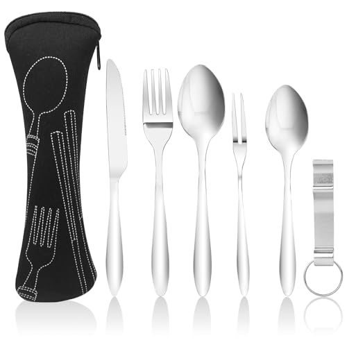 Fousenuk Conjunto de talheres de 6 peças, conjunto de talheres de aço inoxidável com facas, garfos, saco de armazenamento, talheres para levar para o trabalho, para exterior, piquenique, viagens