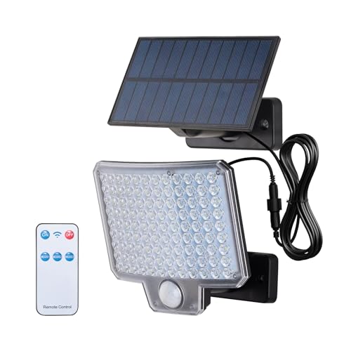 GRIFEMA GD201 Luz solar exterior com sensor de movimento, [108 LEDs/ 3 modos/ 1500 mAH], Foco solar exterior com controlo remoto, IP65 impermeável para jardim, garagens