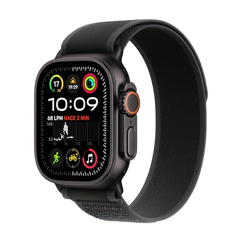 Apple Watch Ultra 2 GPS Cellular Smartwatch, relógio desportivo com caixa de titânio preto resistente de 49 mm e correia Loop Trail preta - tamanho M/L. Monitor de treino e neutro em carbono