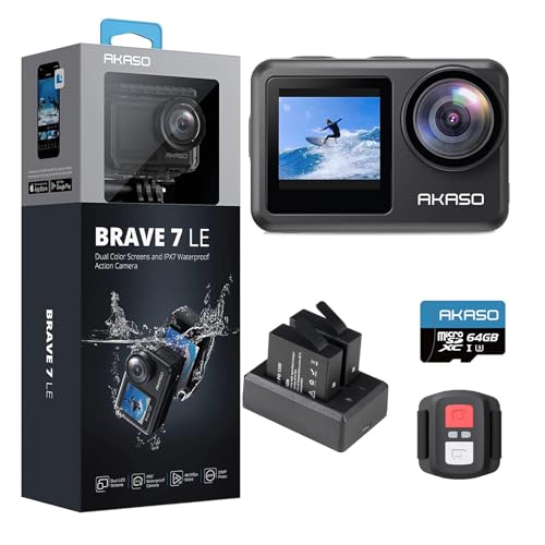 AKASO Brave 7 LE Câmara desportiva 4k30FPS 20MP WiFi com cartão de memória U3 de 64 GB, câmara aquática submergível 40 M IPX7, resistente à água, EIS, ecrã tátil