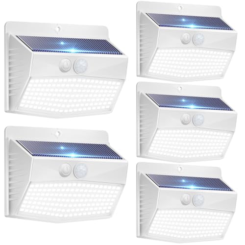 Peasur Luz solar exterior moldura branca/138 LED super brilhantes holofotes LED exteriores solares com sensor de movimento 3 modos IP65 luzes de luz para exteriores - pacote de 5