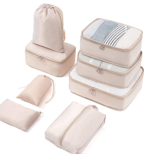 Meowoo Organizador de bagagem 8 em 1 conjunto organizador de malas impermeável viagem com saco de sapato, material Nylon-Meowoo, Bege 8 unidades, Grande