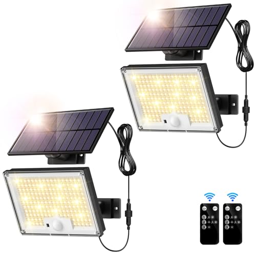 SIGRILL Focos solares exteriores, 172 LED luz solar exterior com sensor de movimento de 3 modos, IP65 candeeiro solar com controlo remoto, 3500 K luz solar exterior jardim garagens, 2 pacotes