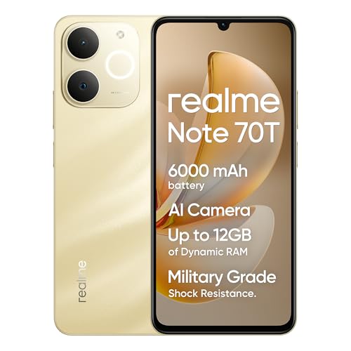 realme Smartphone Note 70T, 4+128GB, bateria de 6000 mAh, design ultrafino de 7,94 mm, proteção IP54 ArmorShell, Next AI, sem carregador, ouro