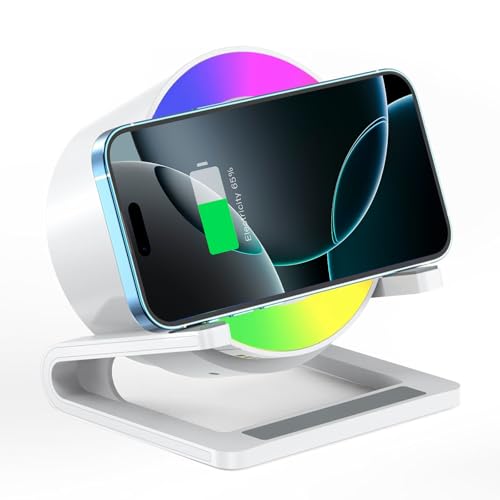 Qoosea Carregador sem fios de 15 W com altifalante Bluetooth de luz noturna, Qi Wireless Charger com lâmpada RGB de controlo tátil junto à cama, suporte para telemóvel para iPhone Samsung Google