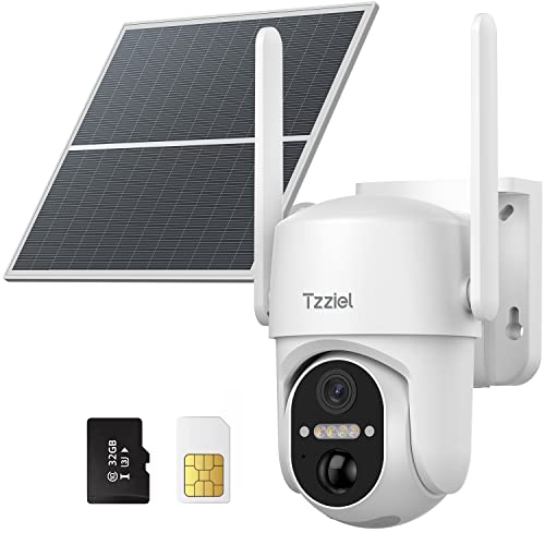 Tzziel 3G/4G LTE Câmara de vigilância exterior bateria solar, 2 K câmara de vigilância com visão noturna cor, deteção de movimento, sereia, áudio bi-direcional, IP66, com cartão 32 GB e cartão SIM