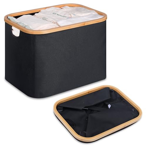 efluky Cesto roupa suja dobrável portátil cesta de lavandaria Laundry Basket de bambu, cesta de armazenamento versátil com alças para casa de banho e quarto, lavandaria, brinquedo, 50 L (preto)