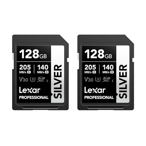 Lexar Cartão SD Silver de 128 GB, até 205 MB/s de leitura, embalagem de 2, cartão de memória SDXC UHS-I, classe 10, U3, V30, SD Card para fotógrafos profissionais, videografos e entusiastas
