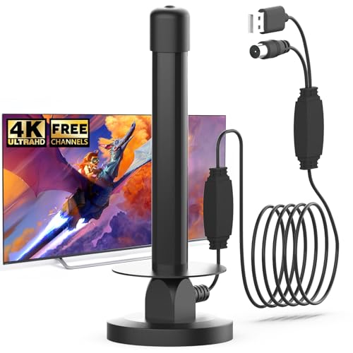 Antena TV interior com amplificador e base magnética, receção de 360° para TDT, HDTV, Full HD e 4K UHD, sinal digital estável e canais gratuitos, cabo coaxial de 5 m