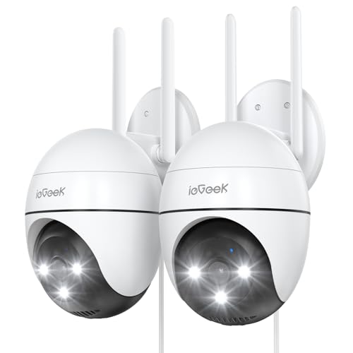 ieGeek 2K Câmara de vigilância WiFi exterior com elétrico, PTZ 355°, deteção de humanos, rastreamento automático, visão noturna cor, alarme de luz e som, gravação contínua (2 unidades)
