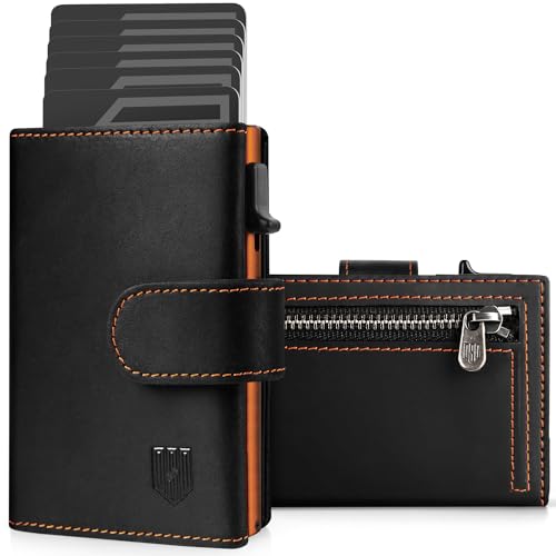 DODENSHA Carteira para cartões de crédito carteiras para homem RFID capas de cartão crédito com bolso para moedas, alumínio automático Pop-up porta-cartões para 8 - 10 cartões, Preto-laranja, Carteira