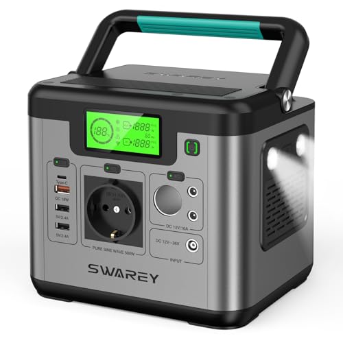 SWAREY Estação de energia portátil, 518 Wh gerador solar, saída de CA de 500 W (pico de 1000 W), porta USB-C de 65 W, bateria externa para campismo viagens ao ar livre RV início