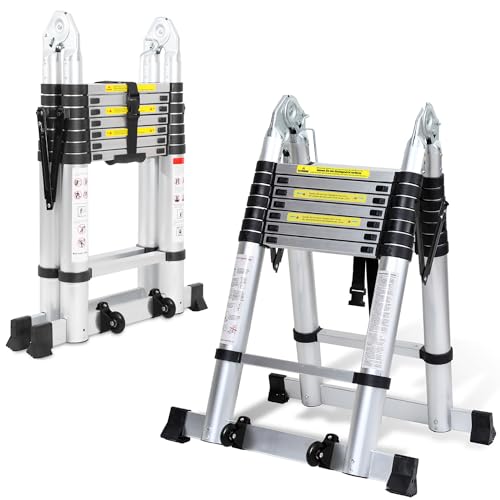 Tubiaz Escada telescópica dobrável de alumínio de 5 m, portátil, multifunções, grande aplicabilidade, 2,5 m + 2,5 m, dobrável, suporta até 150 kg