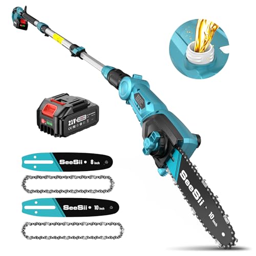 Seesii 8 e 10 polegadas Mini serra com bateria de 4000 mAh, bateria telescópica com extensão e correia, altura de trabalho de até 4,57 m, serra elétrica com lubrificante automático