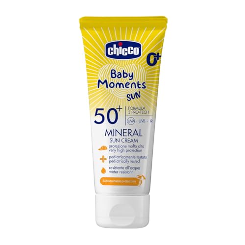 Chicco Creme solar mineral SPF 50, para bebés, resistente à água, excelente proteção contra UVA, UVB e infravermelhos, 0 meses +, 75 ml