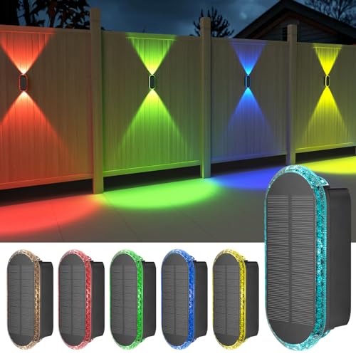 ELLASAY Aplique parede solar exterior, RGB candeeiros solares exteriores acima abaixo IP65 impermeável, 7 cores brilhantes luzes solares exterior jardim sem fios de pátio cobertura cerca 6 pack
