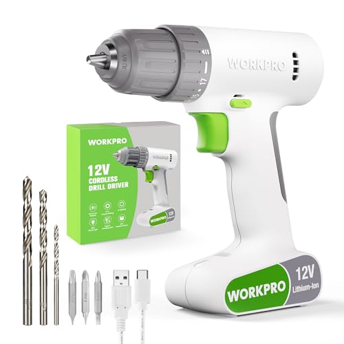 WORKPRO Parafuso sem fios 12 V, chave de fenda elétrica, broca parafuso com velocidades variáveis, luz LED, com 6 unidades acessórios