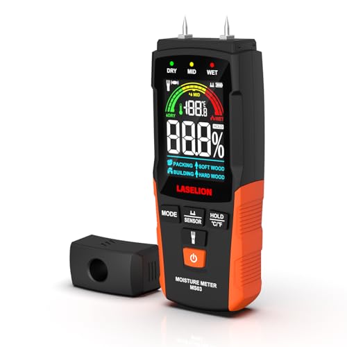 LASELION Medidor de humidade 2 em 1, detecção de 0 - 40 mm, com e sem agulhas, higrómetro de humidade preciso para madeira, concreto e construção, ecrã LCD, lanterna - MS03