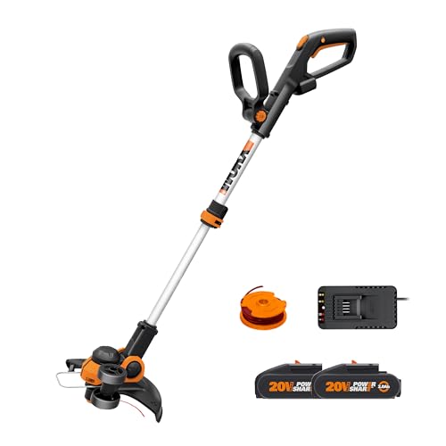 Worx 18 V (20 V Max) Aparador de relva elétrico WG163E.3, máquina de cortar bordas 2 em 1 com linha de corte, diâmetro de corte de 30 cm, velocidade variável, 2 baterias