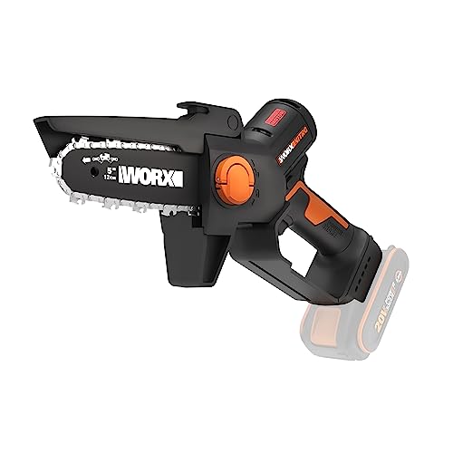 WORX WG325E.9 Nitro Profi Mini motosserra com bateria, 20 V, com uma mão, potente motor sem escovas, comprimento da lâmina de 12 cm, leve e compacta, lubrificação automática da corrente, sem