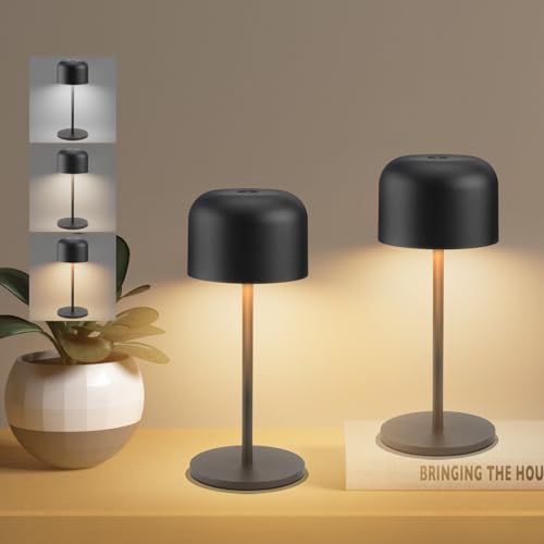 Klighten 2 peças LED regulável candeeiros de mesa sem cabo exterior, 3000 K - 6000 K 3 cores recarregável pequeno candeeiro de mesa com cabo USB-C, preto, IP54, H21 cm, luz quente/natural/fria