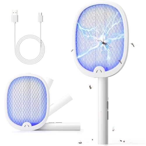 YISSVIC Raquete mosquitos elétrica mata mosquitos elétrico dobrável 2 em 1 4000 V 1800 mAh USB-C recarregável mata-moscas elétrico de luz UV