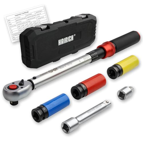 Hairich Chave dinamométrica de 1/2 polegadas, 40-210 Nm, para bicicleta e moto, TÜV Süd GS, conjunto de 6 peças, inclui barra de extensão de 125 mm, adaptador de 1/2"-3/8", 3 chaves para troca de