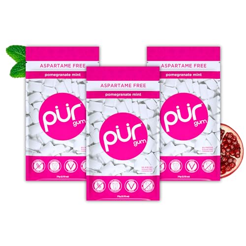 PUR Gum Maquete sem açúcar | com Xilitol | vegano, sem partamo e sem glúten, pastilha elástica natural com sabor de pomegranate Mint, 55 peças (embalagem de 3)