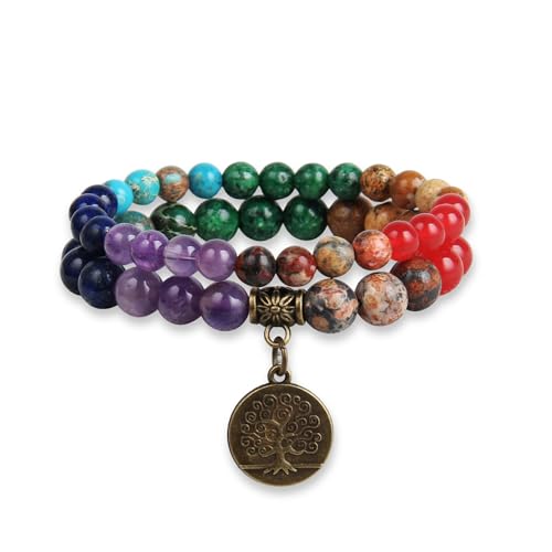 GD GOOD.designs Chakra pulseira pedras genuínas - pulseira de contas de pedras preciosas conjunto com a árvore da vida pendente I pulseira de bolas feitas de contas de pedra natural