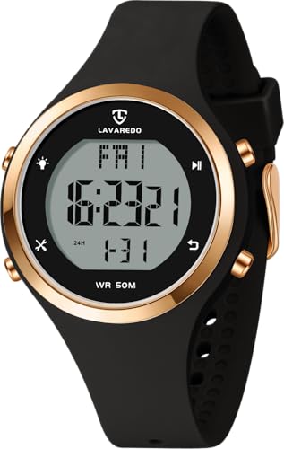Timever Relógio digital para mulher com correia de silicone, alarme, cronómetro, data, luz, contagem decrescente, zona horária dupla, função de repetição