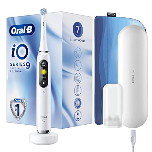 Oral-B iO9 Escova de dentes elétrica com cabo recarregável, tecnologia magnética de Braun, 1 peça de substituição, ecrã colorido, carregador, capa magnética e estojo de viagem - branco