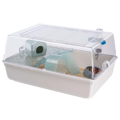 Ferplast Gaiola de plástico para hamsteres e ratos MINI DUNA HAMSTER de dois andares, grelha de ventilação e acessórios, teto transparente, fio pintado branco e plástico, 55 x 39 x h 27 cm