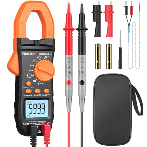 Proster Pinça Amperimétrica 6000 contas 800A multímetro digital 600 V TRMS NCV Alcance automático com ecrã retroiluminado para teste de corrente e tensão CA/CC resistência frequência temperatura