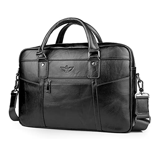 BAGZY Mala para computador portátil 15,6 polegadas presente homem mala de couro genuíno mala homem mala de tiracolo para portátil mala mensageiro negócios (castanho), 031-preto (15,6 polegadas), Pasta