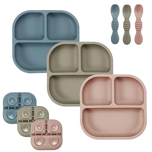 PandaEar Pratos de sucção para bebés, conjunto de 3 pratos e colheres de silicone para bebés, crianças pequenas e infantis, prato dividido com sucção para crianças pequenas (azul/vermelho/castanho)