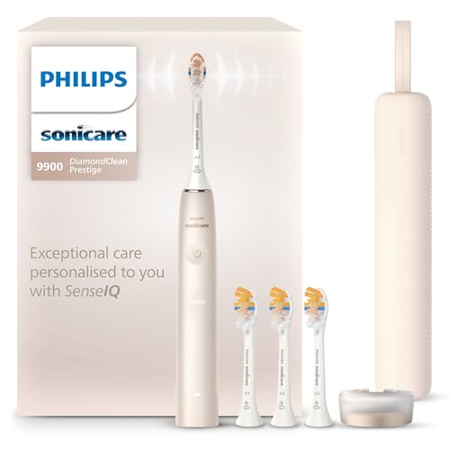 Philips Sonicare DiamondClean 9900 Prestige escova de dentes elétrica, com tecnologia SenseIQ e aplicação, 5 modos de escovagem, estojo de viagem com carga, cor champanhe, modelo HX9992/44