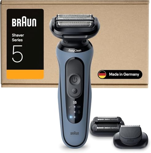 Braun Máquina de barbear elétrica homem série 5, máquina de barbear a seco e molhada, 2 modos de barbear, 50 min de uso, carregamento rápido, 2 acessórios, estojo de viagem, 52-A1820SI, azul