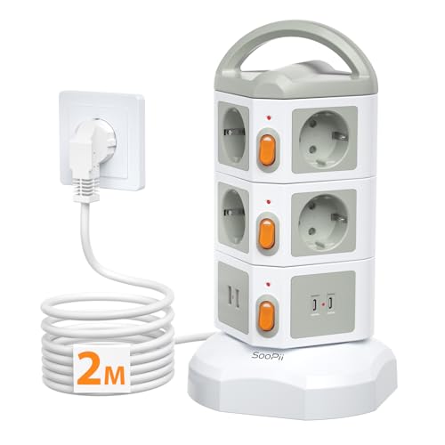 SOOPII Torre de 10 tomadas vertical (Tipo F) 4000 W/16 A, tomada vertical com 2 USB e 2 PD com proteção contra picos de tensão, extensão de torre com interruptor para escritório, casa, extensor de 2 m