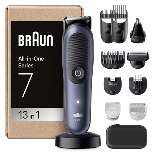 Braun Aparador tudo em um série 7 AIO7565, kit de styling 13 em 1 para barba, cabelo, orelhas, nariz e corpo, 14 comprimentos, 120 min de automonomia, corta-pelos homem com lâmina ultra afiada Azul