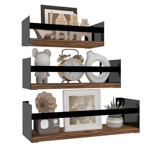 RLAVBL Prateleiras de parede, conjunto de 3, prateleiras de parede flutuantes de madeira e metal, pretas, para cozinha, casa de banho, sala de estar e escritório.