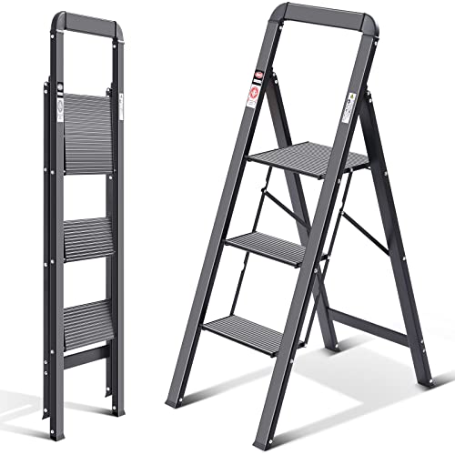 KINGRACK Escada de tesoura de 3 degraus, escada de tesoura dobrável com corrimão, escada doméstica antiderrapante com mecanismo anti-dobrado, banco de alumínio, carga máxima de 150 kg, preto.